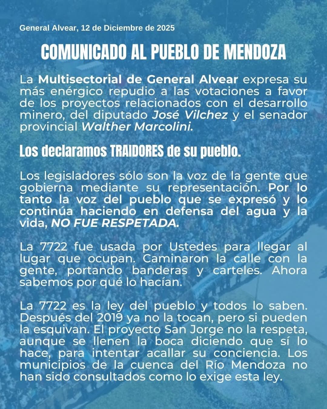 COMUNICADO DEL PUEBLO DE MENDOZA ANTE LA TRAICIÓN DE SUS LEGISLADORES