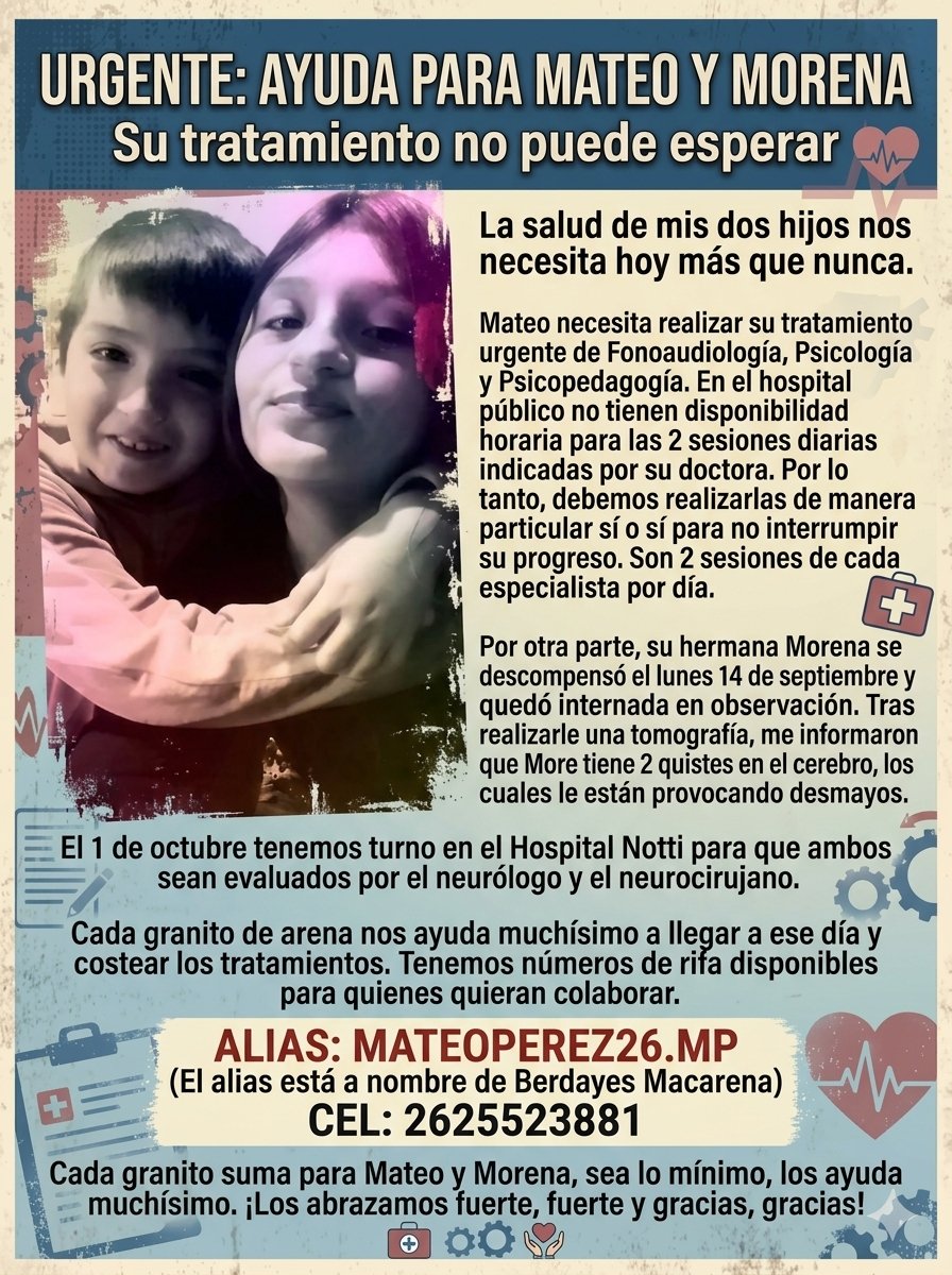 Mateo y Morena atraviesan un difícil momento y su familia pide colaboración en General Alvear